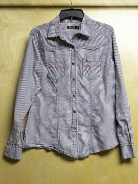 Cruel Blue Stripe Western Shirt with Orange/Red Snaps Women's Sz Large